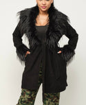 CORDUROY FAUX FUR TRIMED COAT W/ BELT (BLACK)