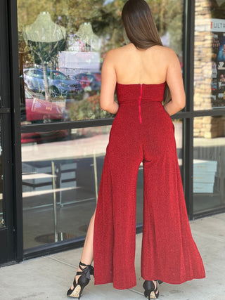 Shimmer front slit jumpsuit