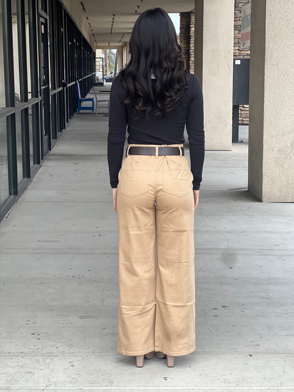 WIDE BELT RELAXED LEG TWILL STRETCH PANTS