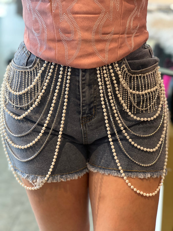 PEARL AND JEWEL EMBELLISHED DENIM SHORTS