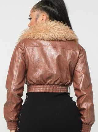 PU JACKET FAUX FUR TRIM W/ FRONT ZIPPER (BLACK)