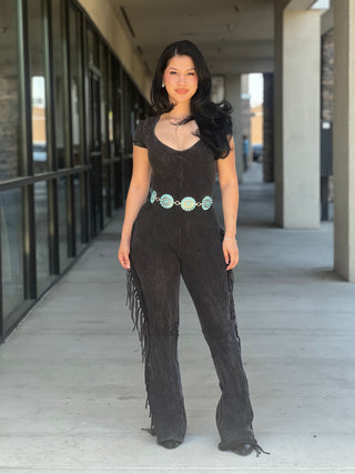 Mineral washed fringed jumpsuit