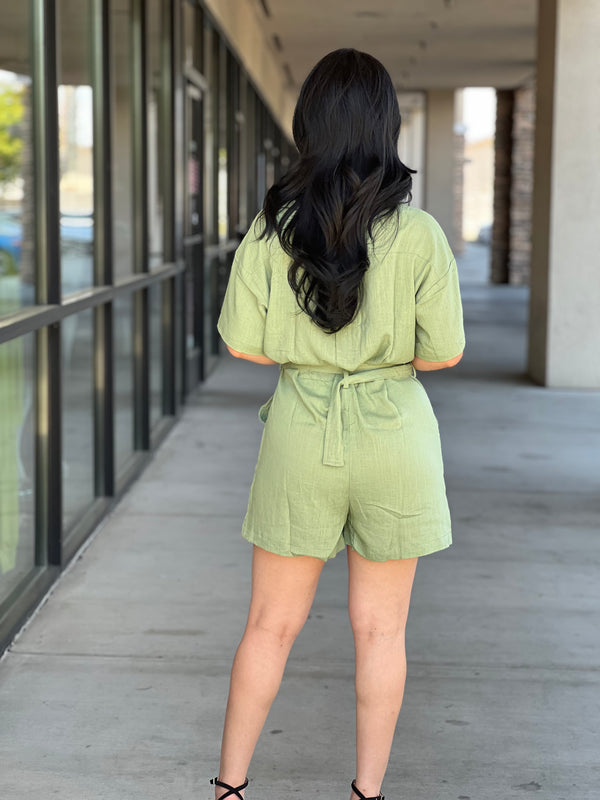 BUTTON DOWN BELTED ROMPER