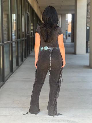 Mineral washed fringed jumpsuit