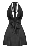 SLEEVELESS HALTER PLUNGE RUCHED MINI DRESS