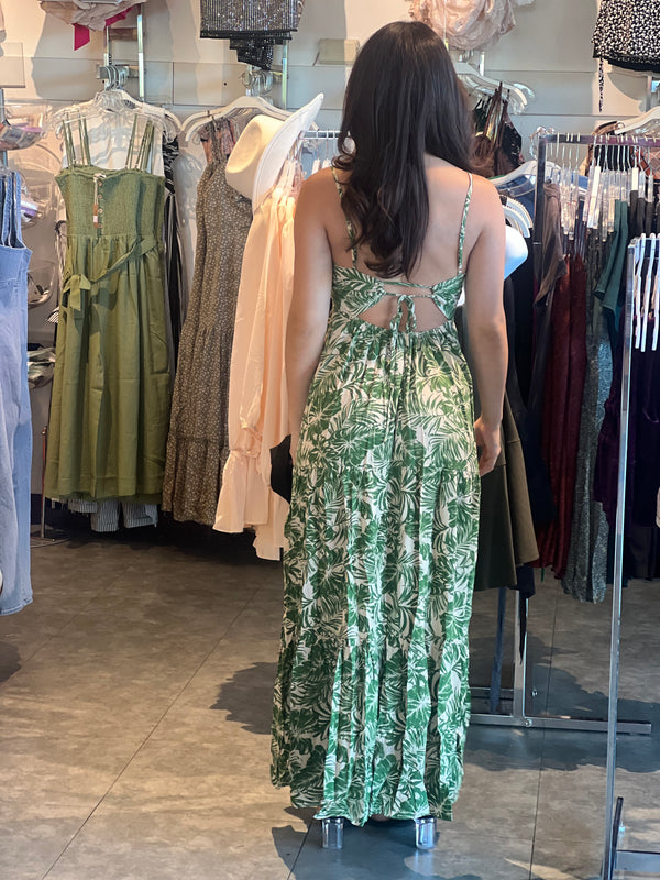 Palm Tree Leaf Open Back Maxi Dress