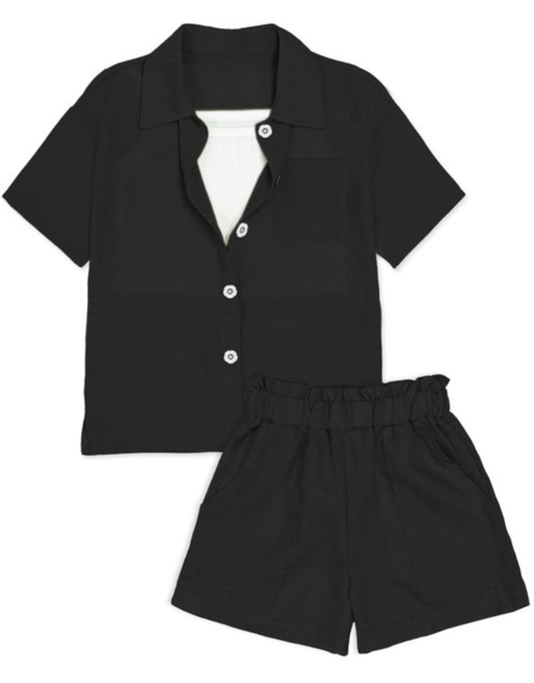 Girl's 3 pc Short Set w/Side Pockets & flower button down