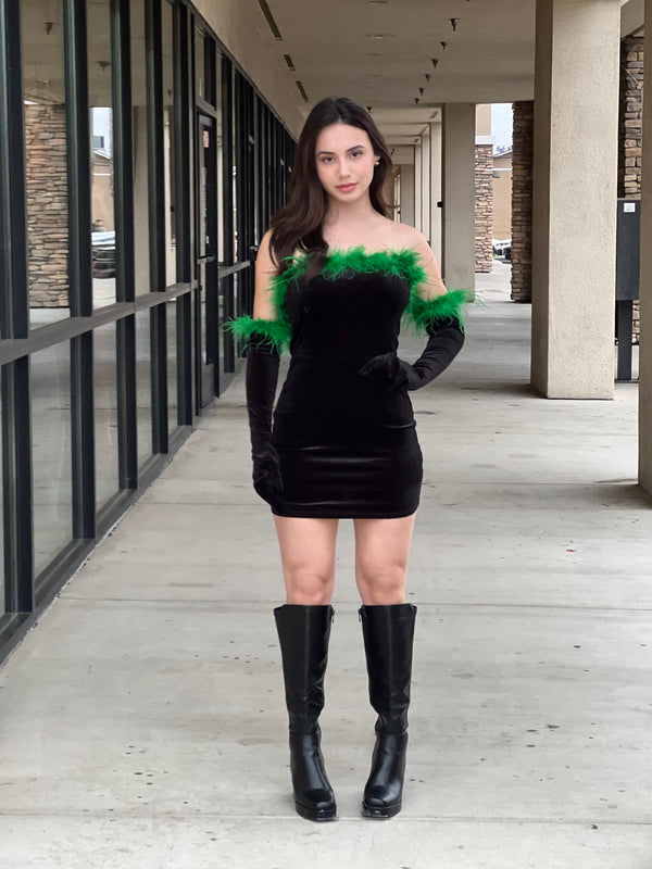 Suede mini feather dress with glove set