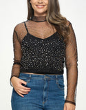 Junior Plus Rhinestone Sheer Mesh High Neck Top