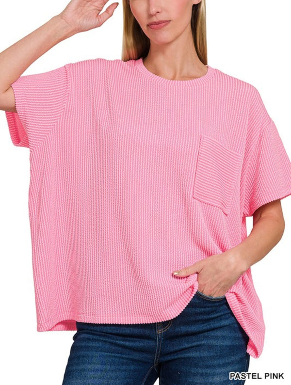 CORDED RIB SHORT SLEEVE FRONT POCKET TOP