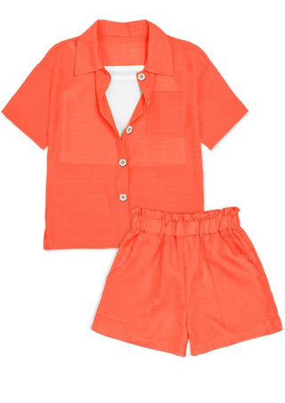 Girl's 3 pc Short Set w/Side Pockets & flower button down