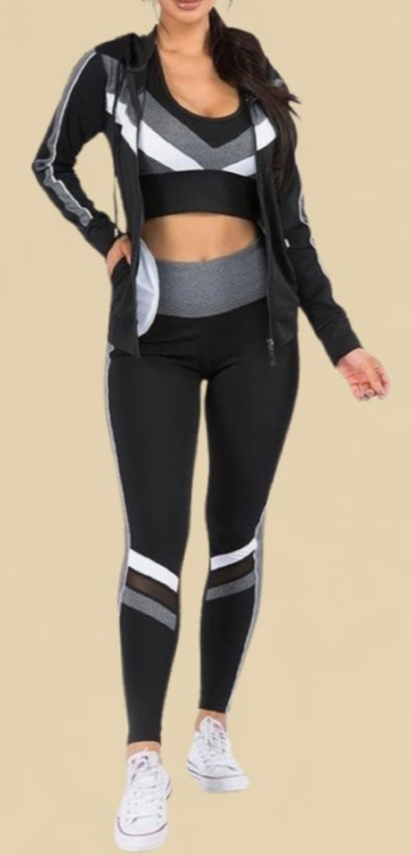 Three-Piece Hoodie Top and Leggings Active Set