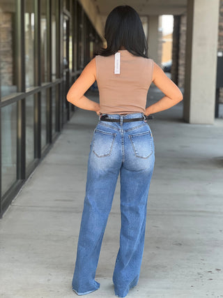 High Rise Crossed Waist Wide Jeans