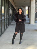 CORDUROY FAUX FUR TRIMED COAT W/ BELT (BLACK)