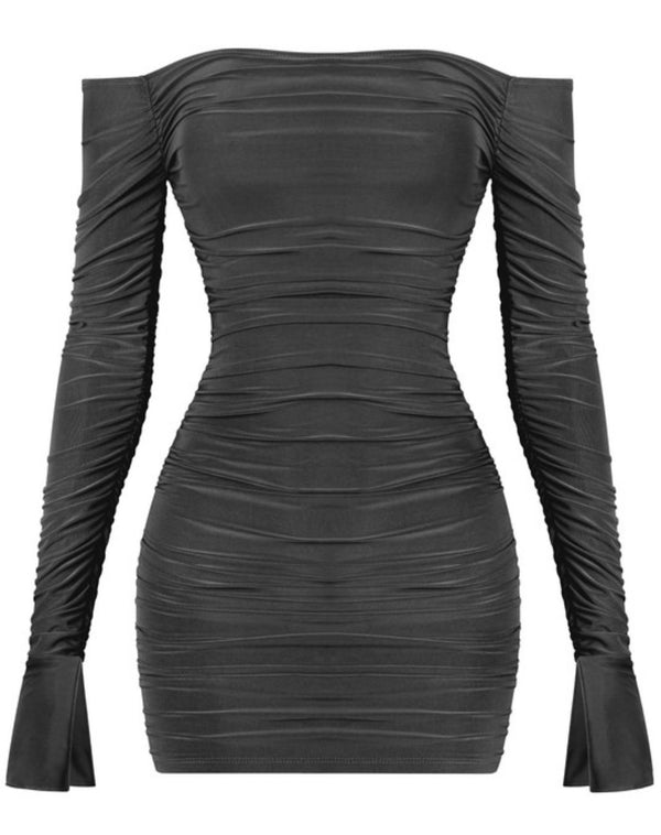 OFF SHOULDER LONG SLEEVE RUCHED MINI DRESS