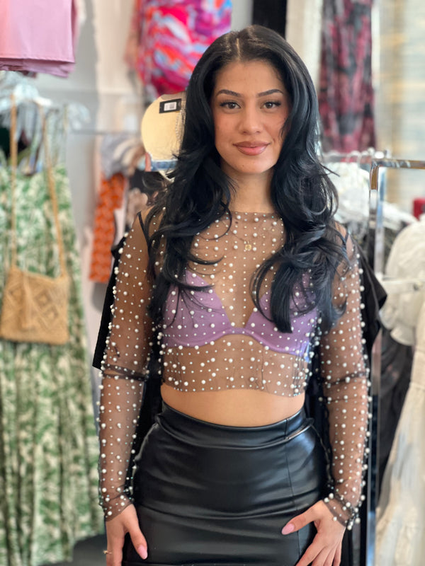 Pearl Long Sleeve Sheer Mesh Crop Top